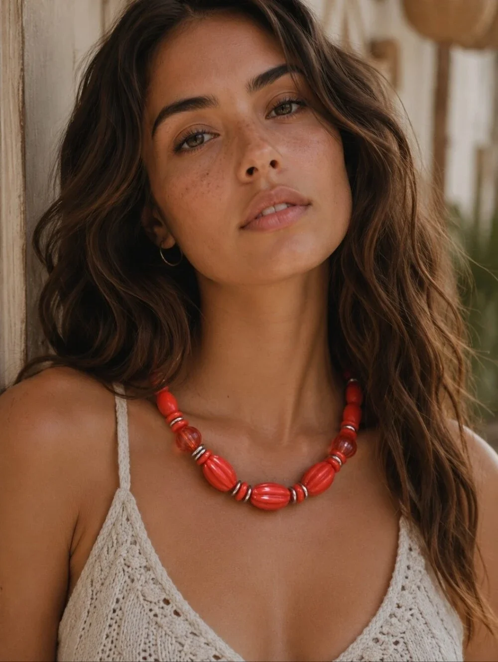 4/$15 Red Orange Beaded Statement Necklace - Women Jewelry